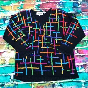 Vintage Colorful Embroidered Grid Black Sweater by The Import Workshop sz Large